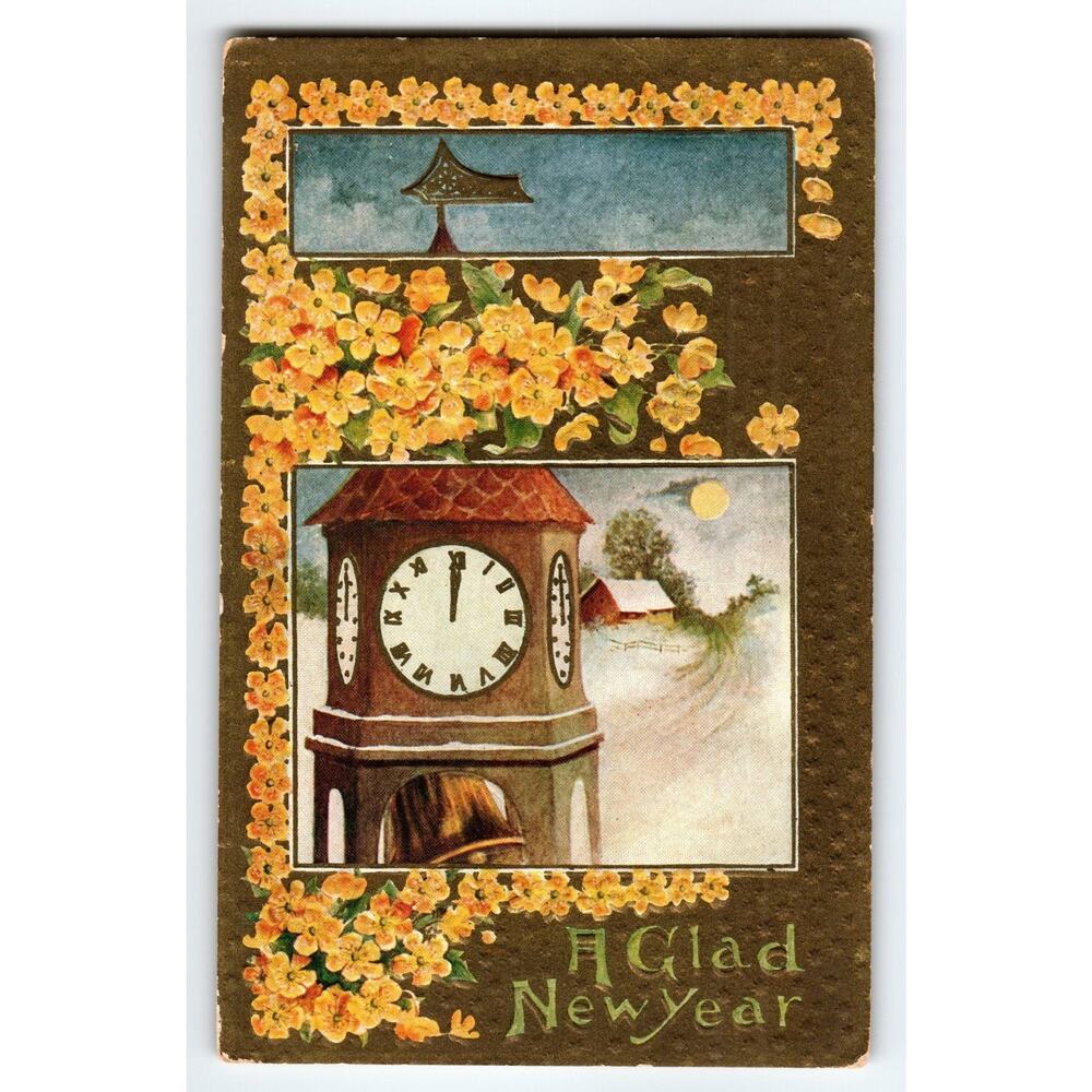 Vintage Embossed New Year Postcard Clock Tower Floral Design